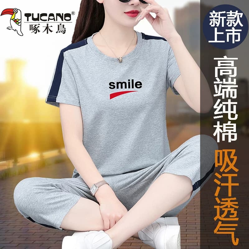纯棉品牌运动套装女2026春秋新款时尚休闲风短袖七分裤两件套显瘦 - 缩略图2