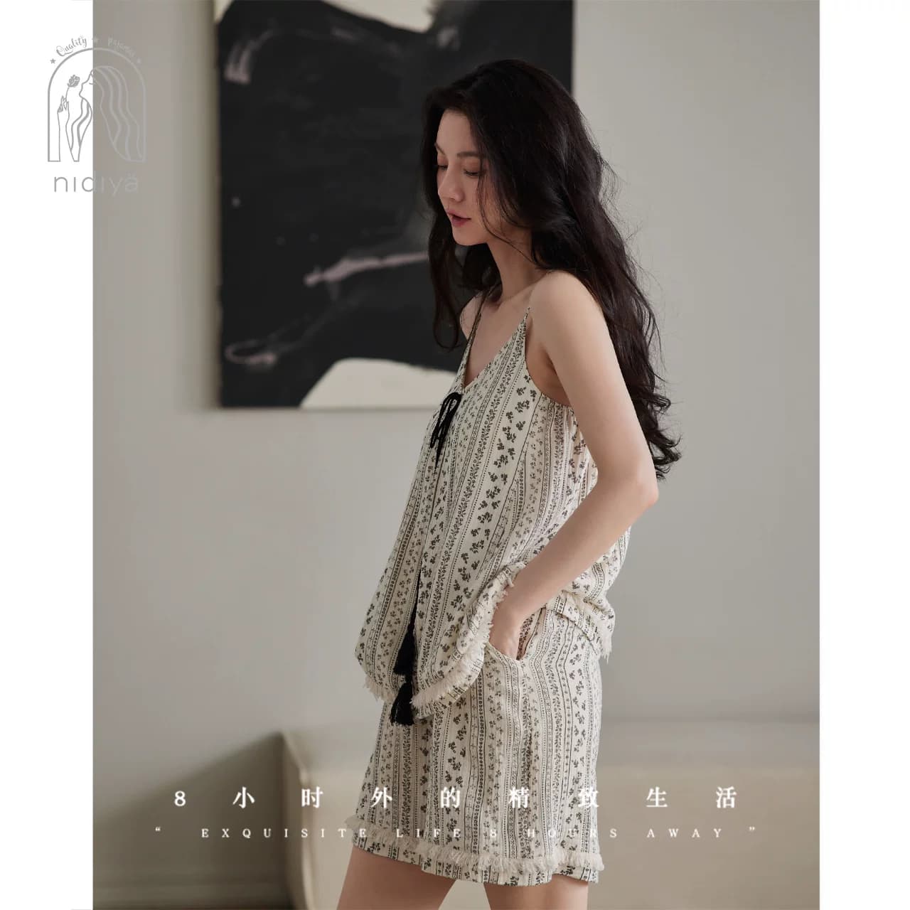 妮狄娅睡衣女夏季纯棉纱布薄款带胸垫吊带法式复古花卉家居服套装 - 缩略图3