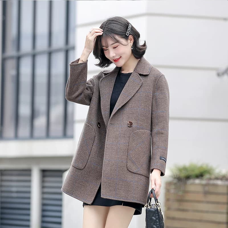 2021秋冬女装外套双面呢毛呢羊毛呢大衣细格子宽松版型外套 - 缩略图2