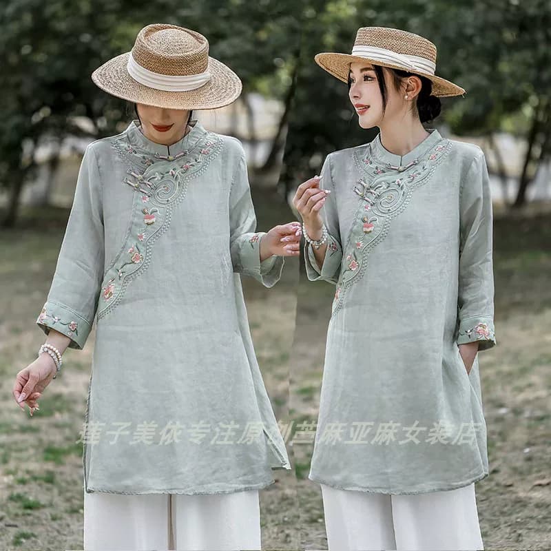 100%纯苎麻高端女夏薄款中长款衬衫立领盘扣刺绣中国风斜襟民族风 - 缩略图2