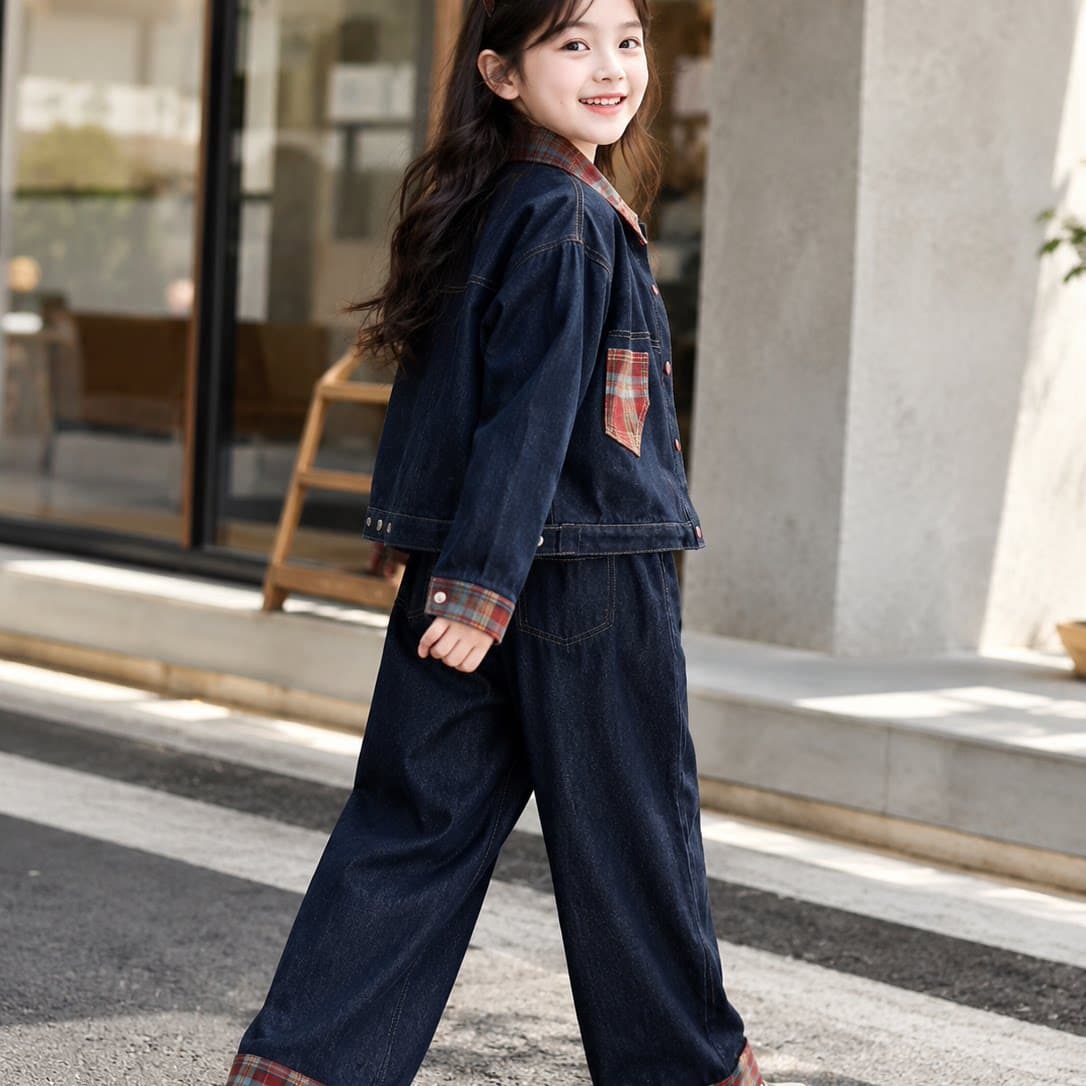 女童复古格子拼接牛仔套装2026春秋新款洋气夹克阔腿裤两件套翻领 - 缩略图4