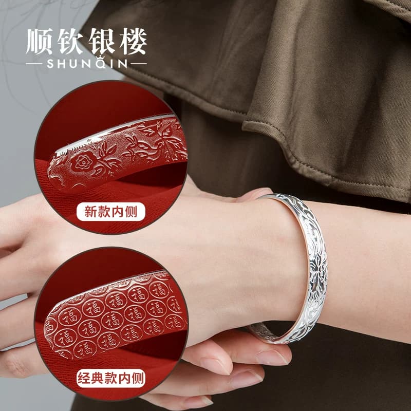 顺钦银楼S9999纯银手镯妈妈款繁花似锦足银镯子新中式母亲节礼物 - 缩略图4