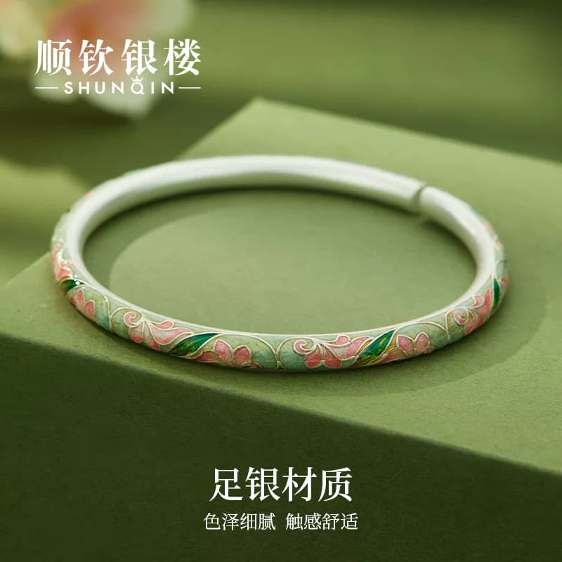 顺钦银楼足银9999珐琅彩柏林花事手镯花卉个性小众女款百搭手镯 - 缩略图2