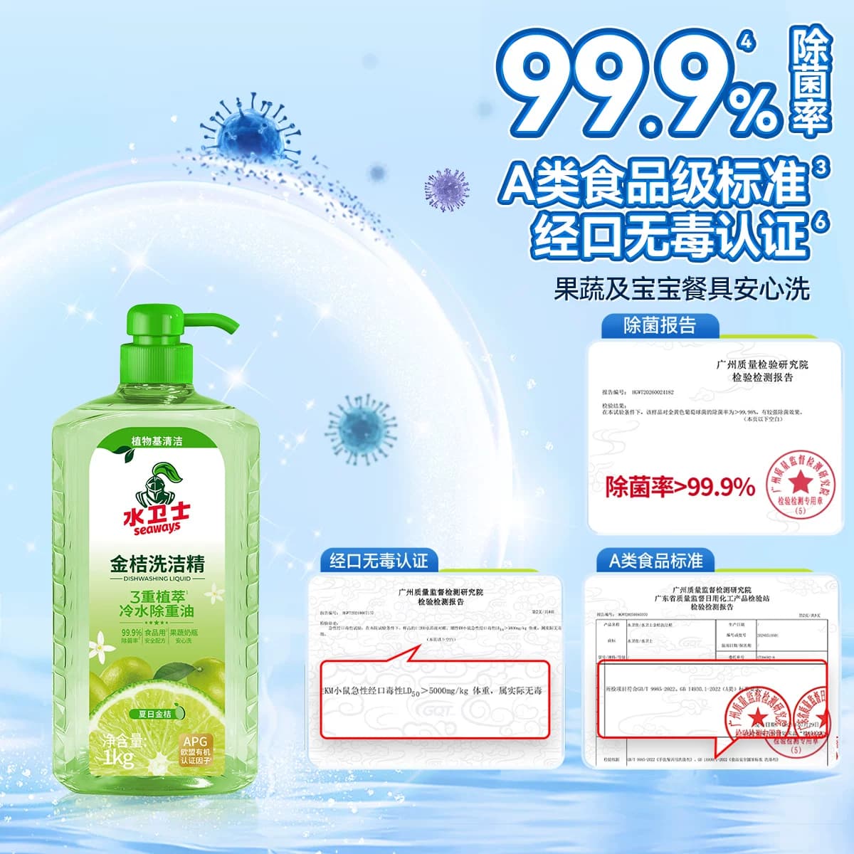 水卫士金桔洗洁精家用果蔬清洗剂食品级洗碗除重油污多功能清洗剂 - 缩略图3