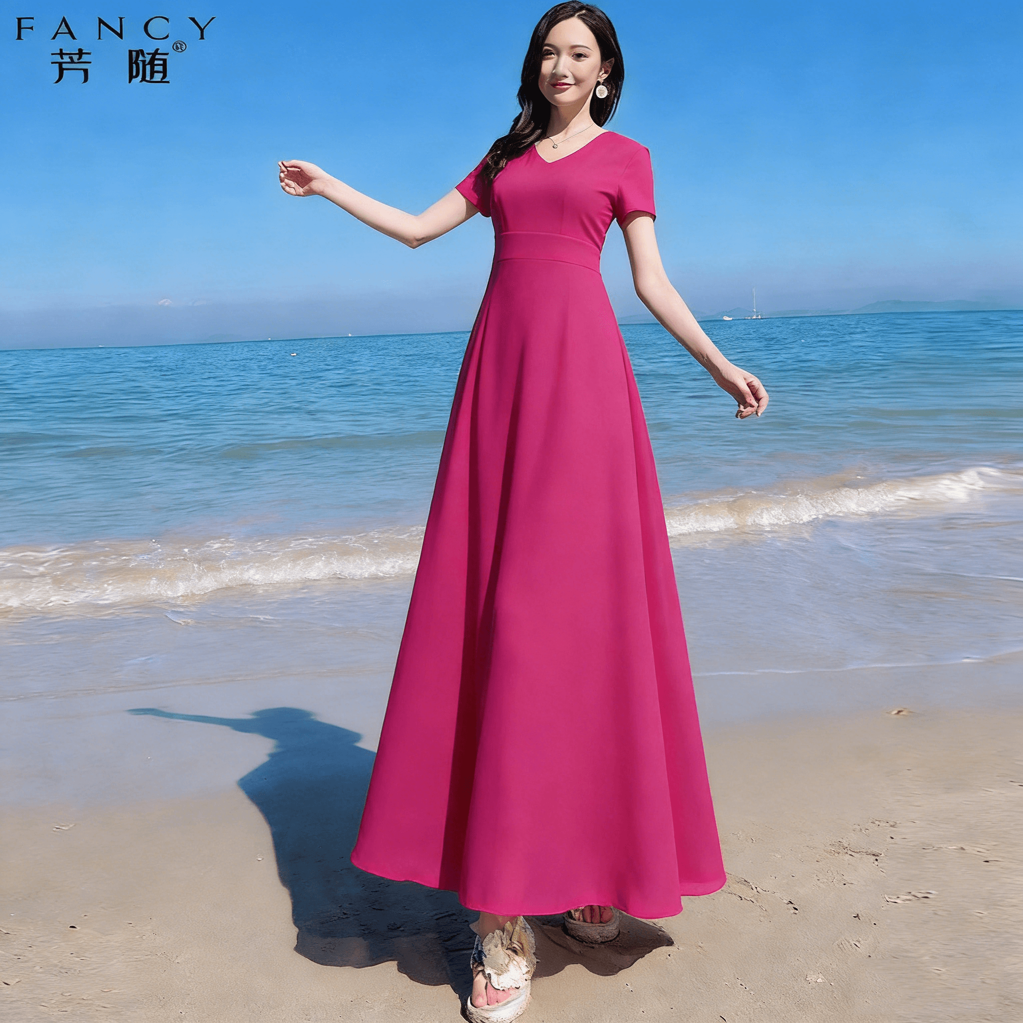 沙滩裙女夏季2026新款三亚海边度假超仙修身气质中长款雪纺连衣裙 - 缩略图4