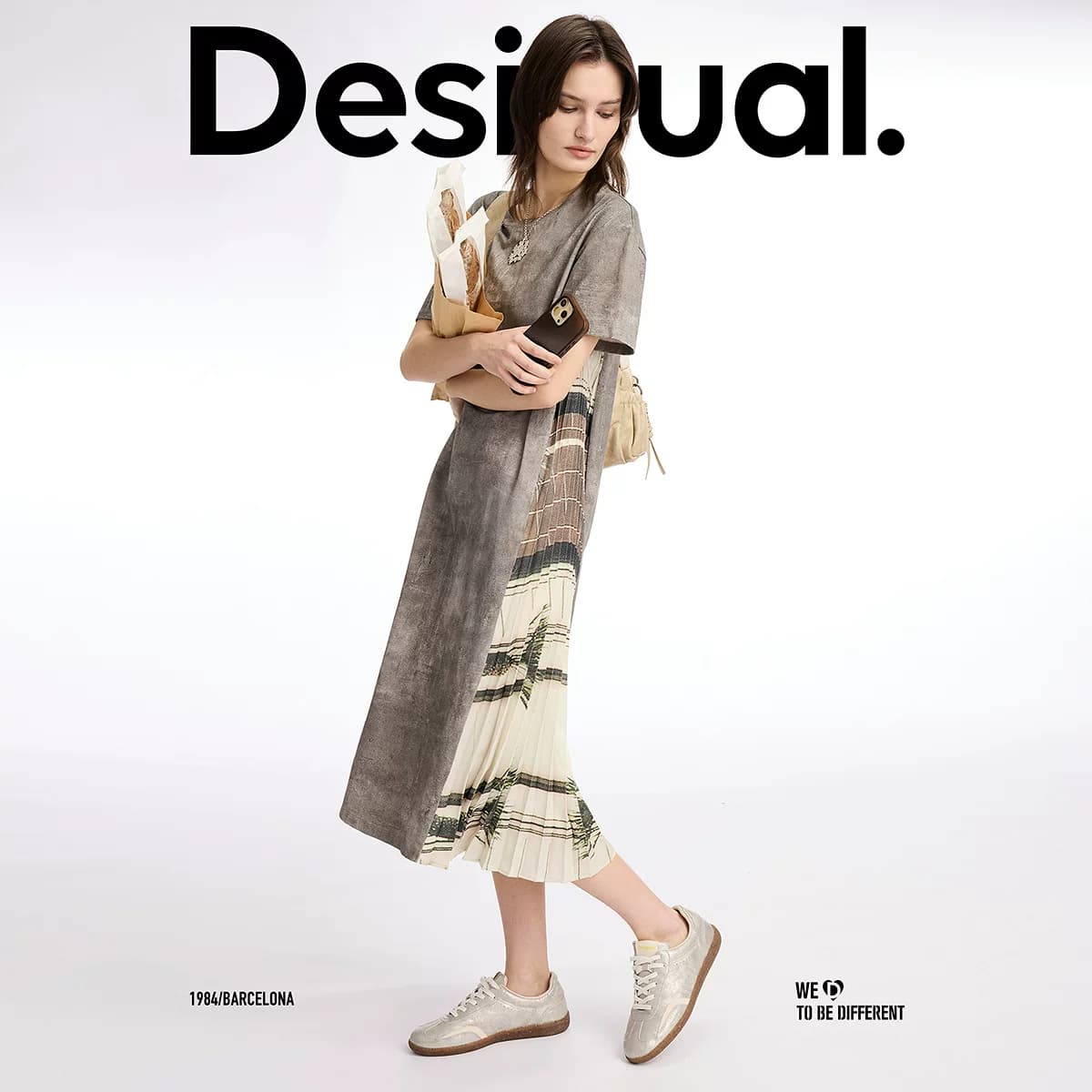 Desigual宽松不对称百褶拼接印花短袖T恤裙连衣裙 - 缩略图2