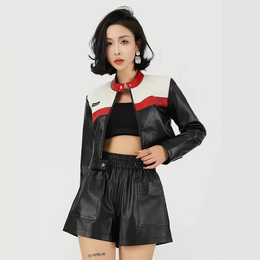 黑白撞色女款机车服皮衣短款夹克短外套收腰型拉链休闲上衣赛车服 - 缩略图4