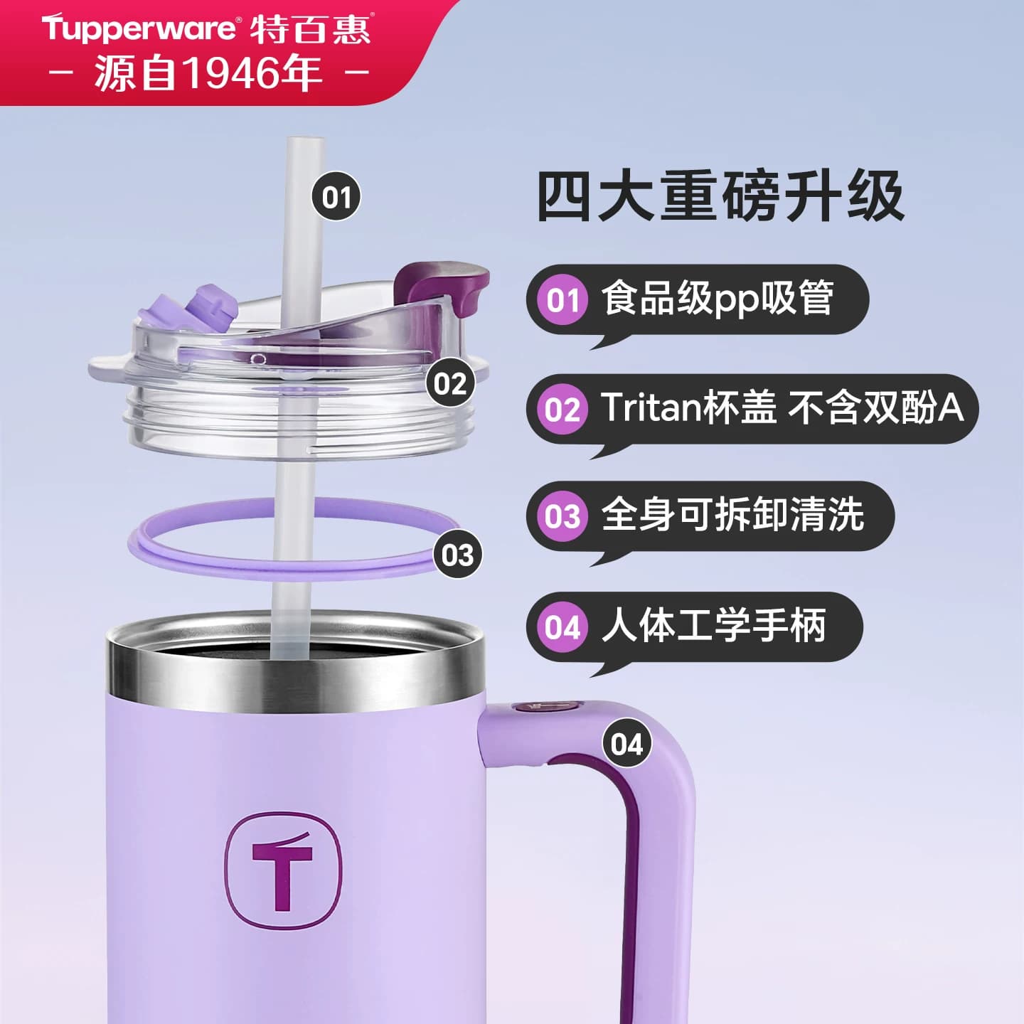 特百惠大T保温杯1.1L大容量吸管冰霸杯2026新款不锈钢水杯女生 - 缩略图3