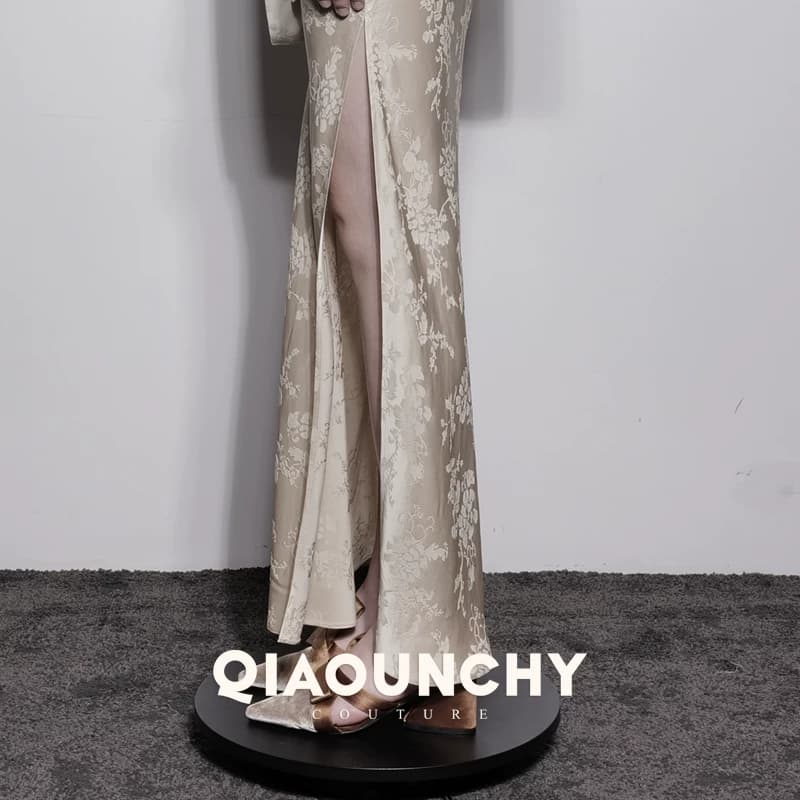 苏杭丝绸 QIAOUNCHY俏云曦｜杏色暗纹提花中式系带上衣修身半身裙 - 缩略图4