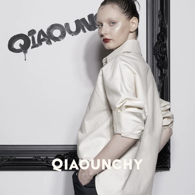男友风衬衫 QIAOUNCHY俏云曦 | 26早春上衣杏色平纹棉宽松衬衫 - 缩略图2