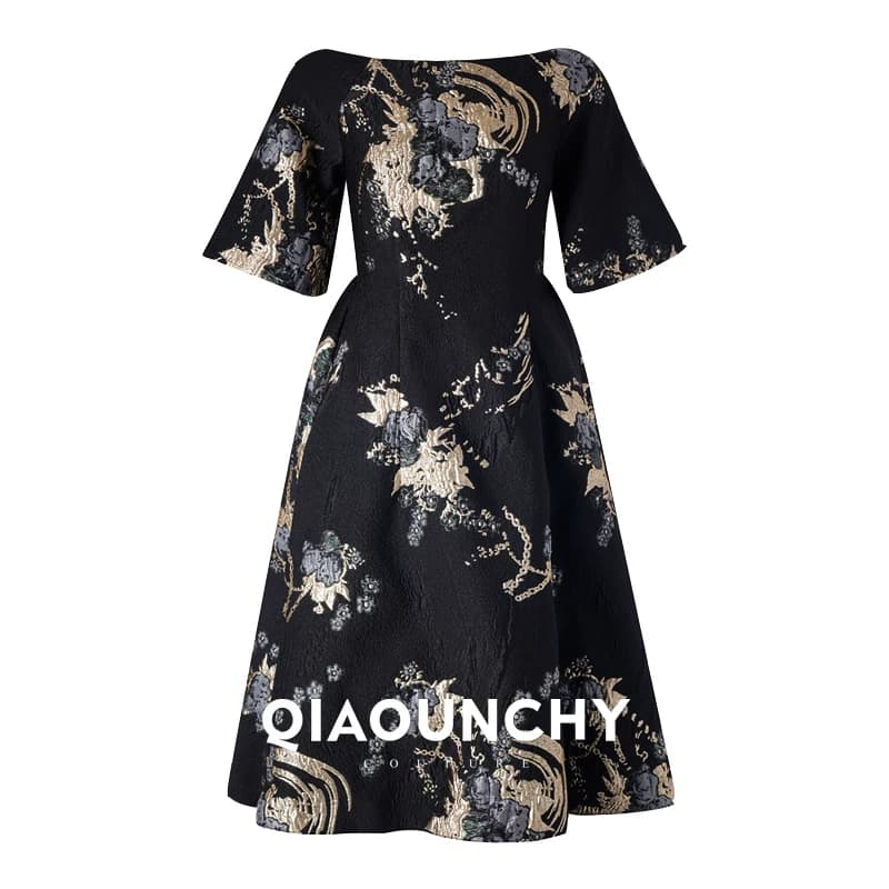 鎏金黑 QIAOUNCHY俏云曦｜法式一字领宫廷袖高腰蝴蝶结腰带连衣裙 - 缩略图5