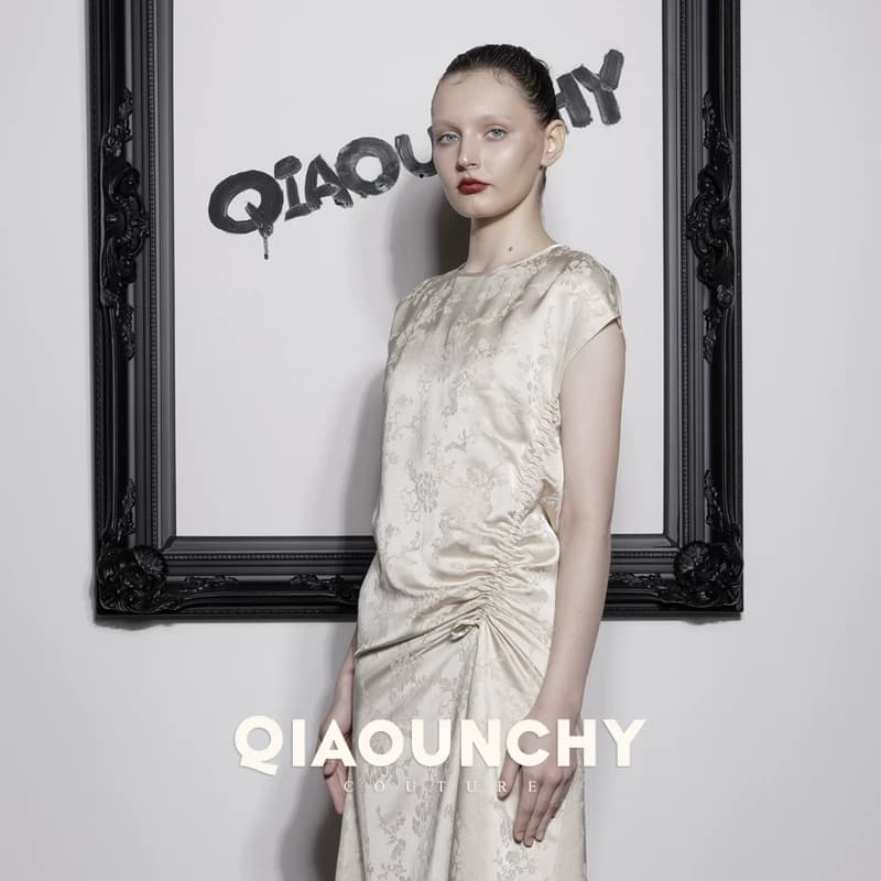 苏杭丝绸 QIAOUNCHY俏云曦｜法式杏色暗纹提花抽绳连衣裙长裙 - 缩略图3