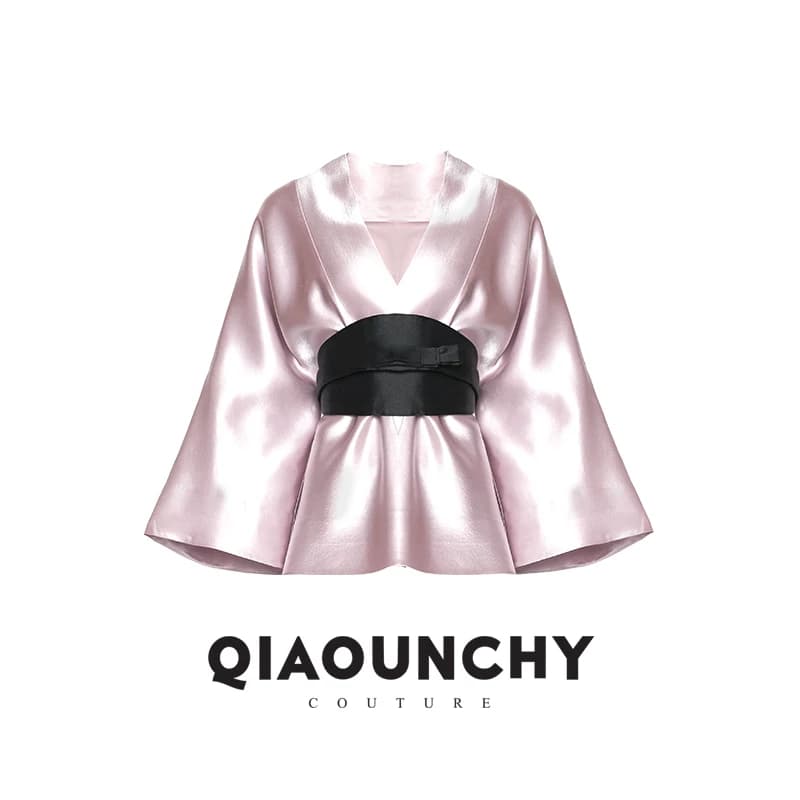 桃花 QIAOUNCHY俏云曦｜秦风古韵高级缎面束腰宽袖上衣春夏女装 - 缩略图5