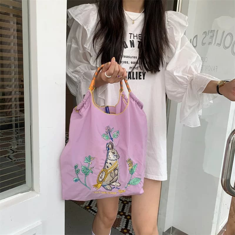100%尼龙高品质韩日系小众ball chain布袋刺绣尼龙购物袋手提包1 - 缩略图5