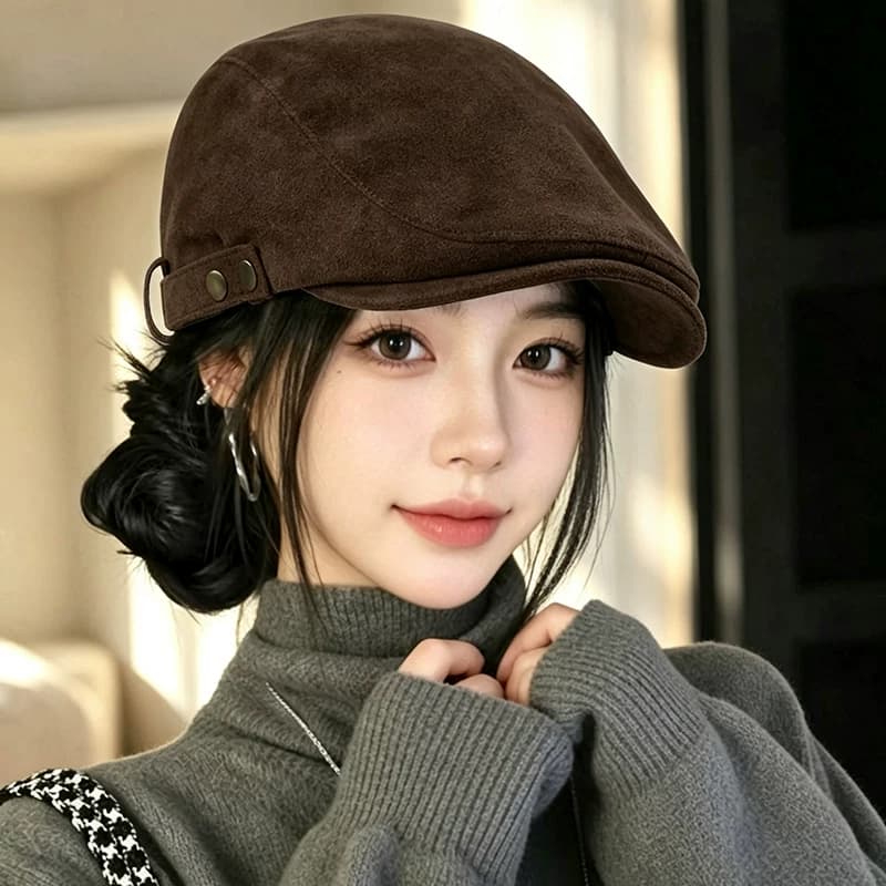 美拉德麂皮绒贝雷帽女2026新款秋冬大头围反戴前进帽显脸小报童帽 - 缩略图4