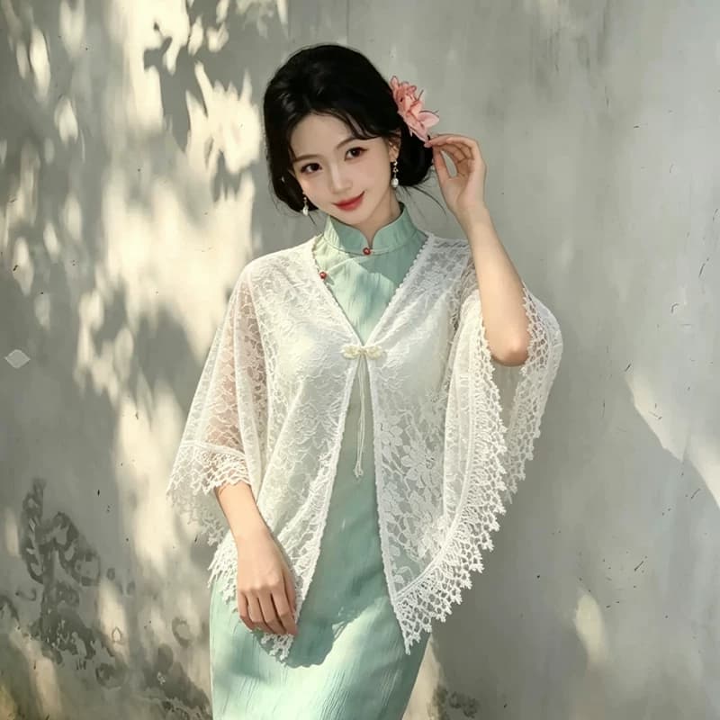 配旗袍披肩女外搭开衫2026新款夏薄款流苏云肩蕾丝新中式外披斗篷 - 缩略图4