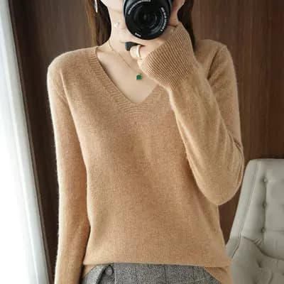 通勤风圆领V领纽扣开衫女宽松百搭长袖针织衫外套 - 缩略图4
