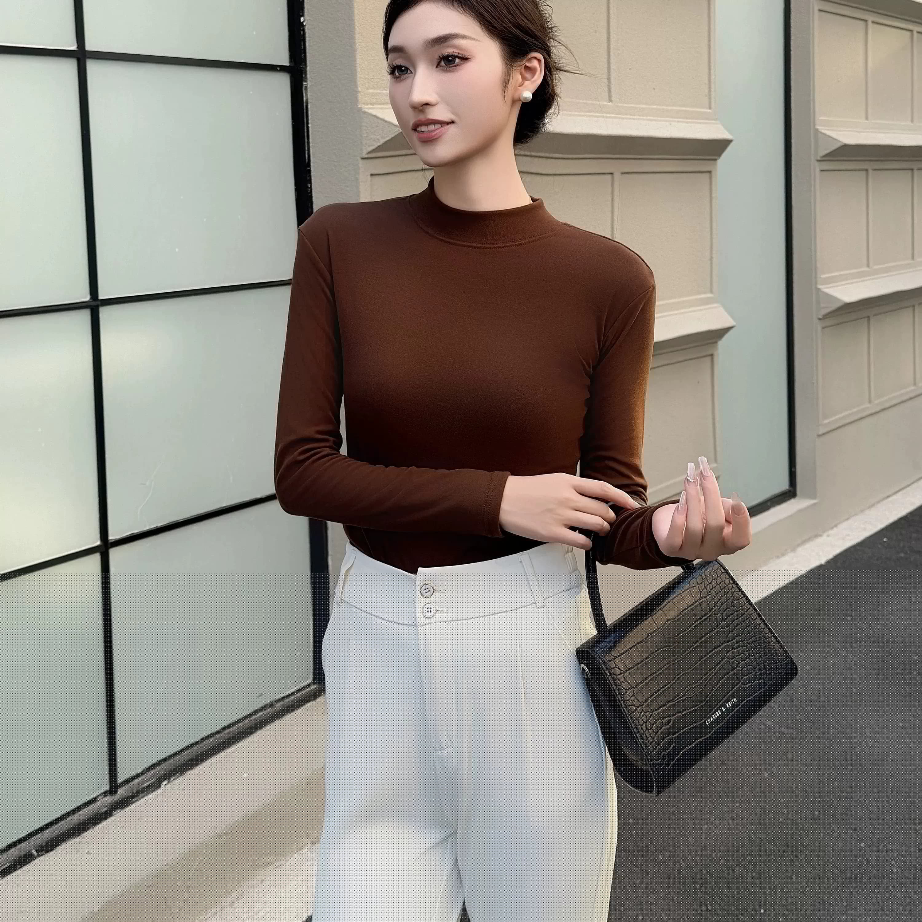 花边拼接半高领打底衫女修身设计感内搭ld - 缩略图3