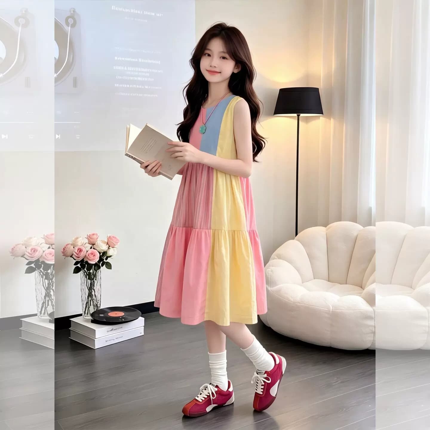 女童彩虹拼色连衣裙夏季2026新款无袖蛋糕裙儿童洋气度假风背心裙 - 缩略图3