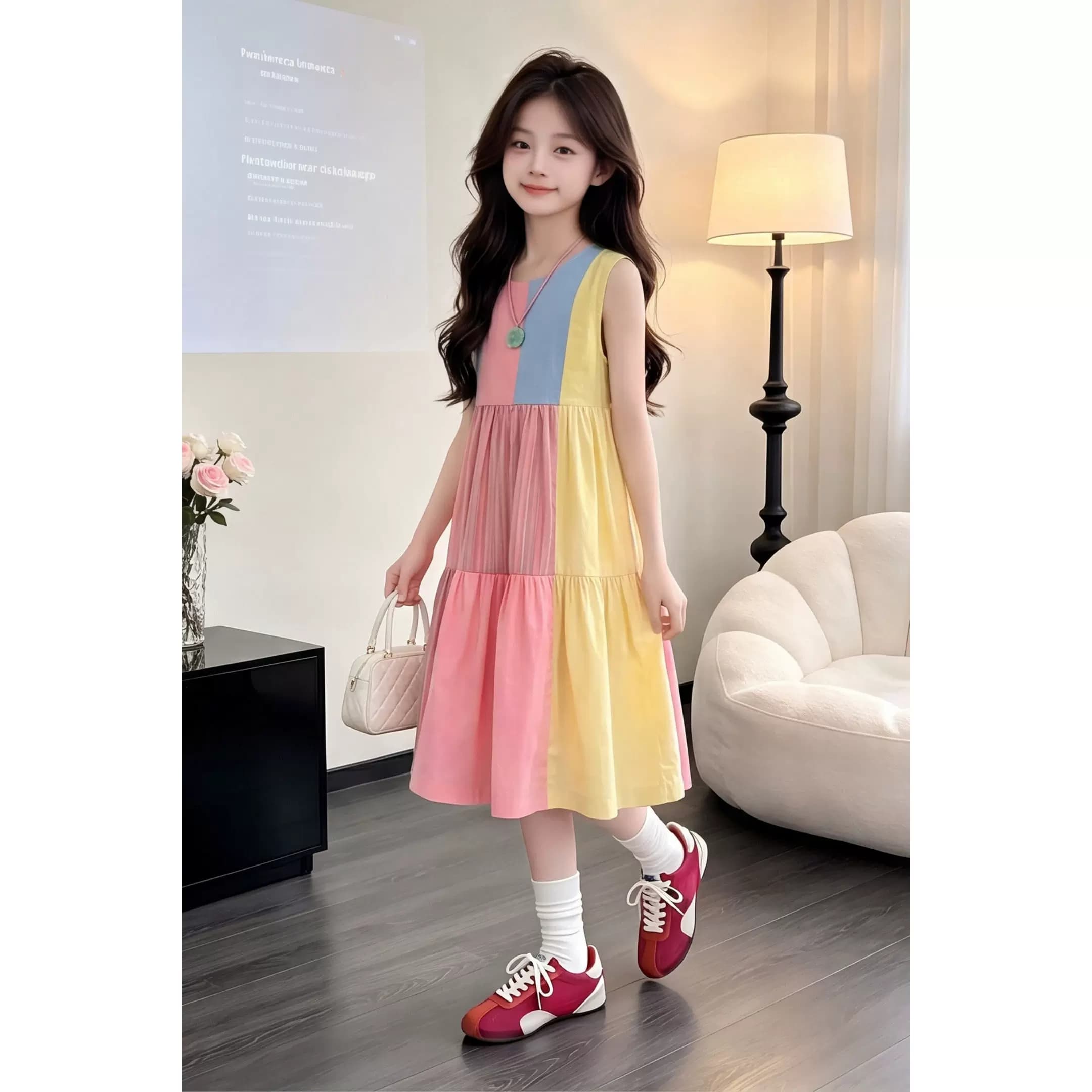 女童彩虹拼色连衣裙夏季2026新款无袖蛋糕裙儿童洋气度假风背心裙 - 缩略图5