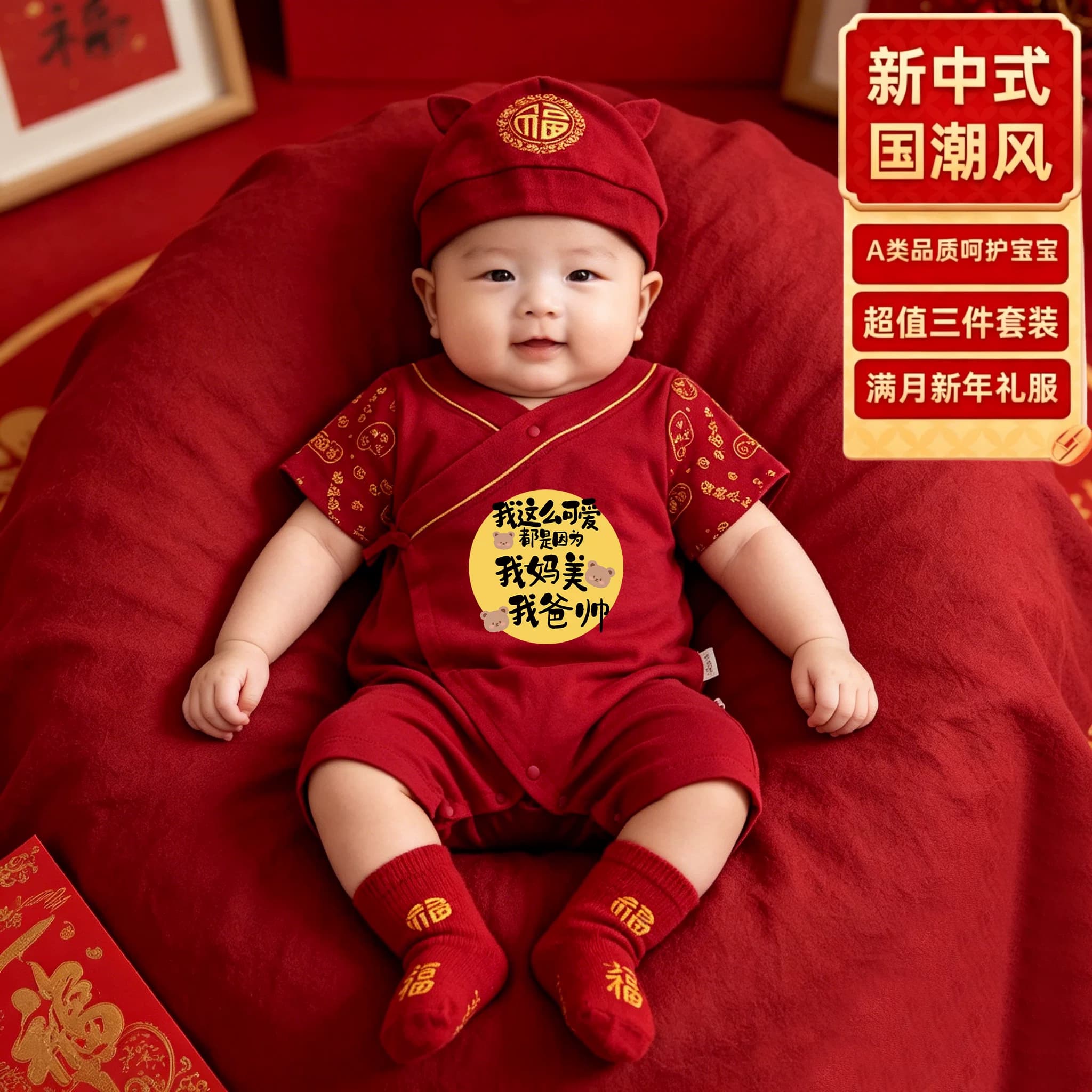 新中式国潮风新生婴儿连身衣红色三件套宝宝满月爬服百天新年礼服 - 缩略图4