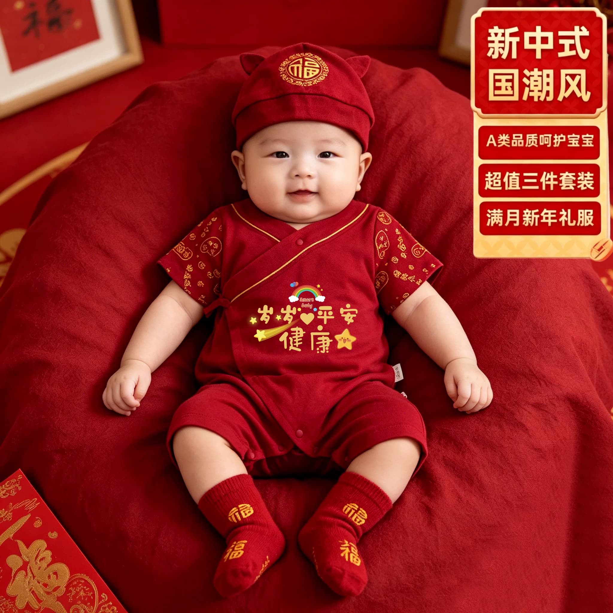 新中式国潮风新生婴儿连身衣红色三件套宝宝满月爬服百天新年礼服 - 缩略图2