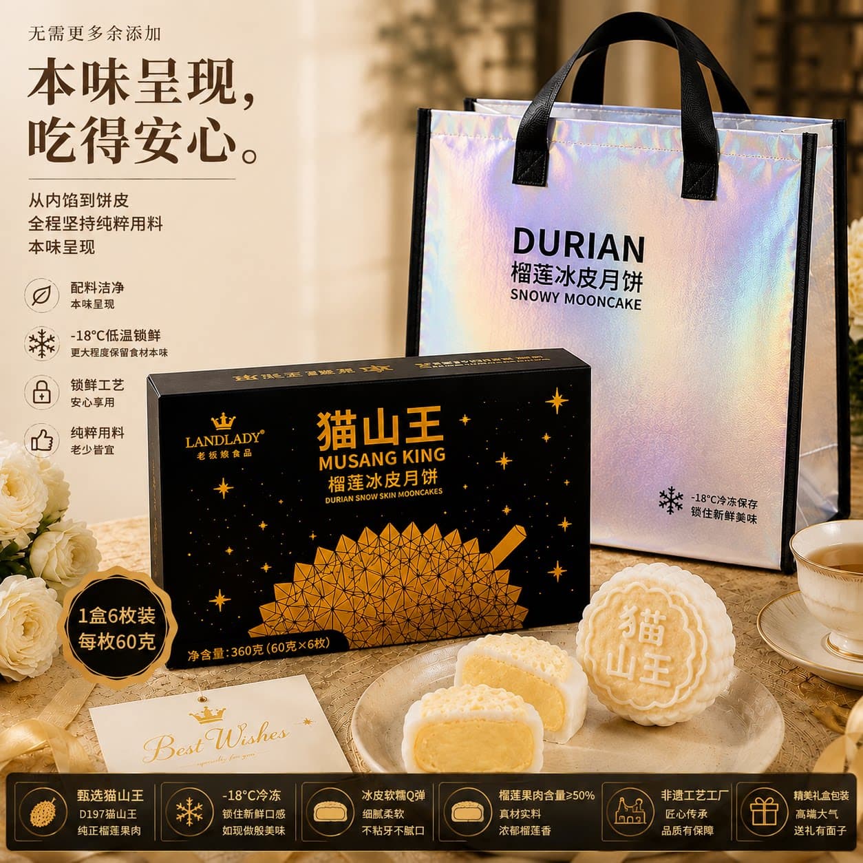 猫山王榴莲冰皮月饼中秋送礼盒装果肉香甜新鲜现做【顺丰冷链】 - 缩略图4
