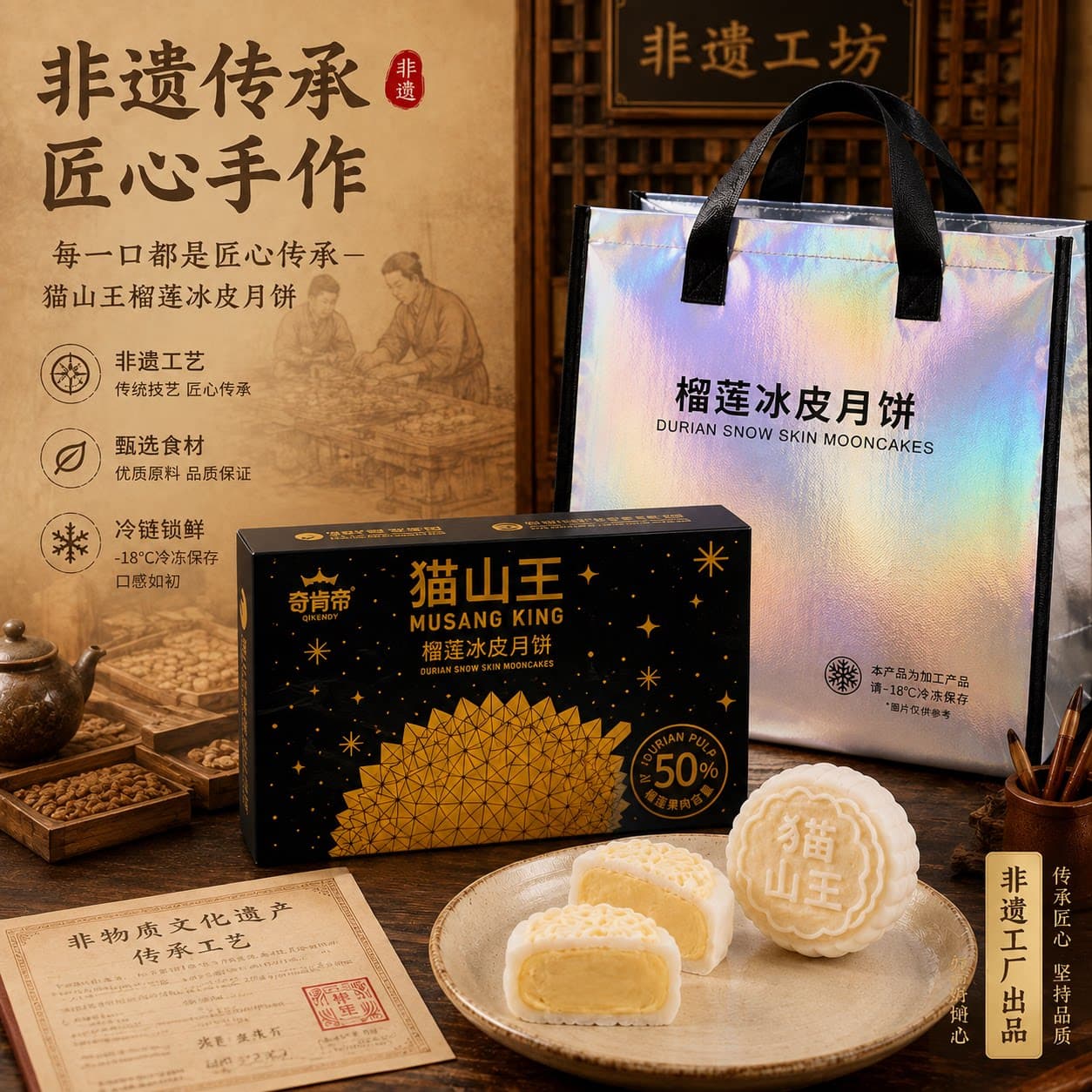 猫山王榴莲冰皮月饼中秋送礼盒装果肉香甜新鲜现做【顺丰冷链】 - 缩略图5