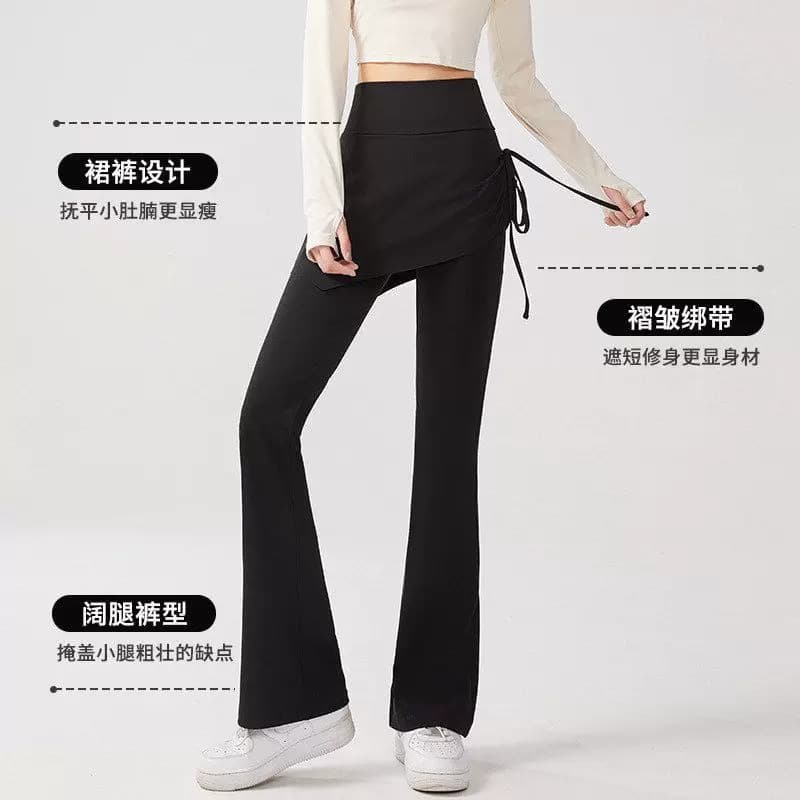 修身喇叭裙裤微喇裤女弹力松弛假两件抽绳高腰提臀瑜伽休闲打底裤 - 缩略图2