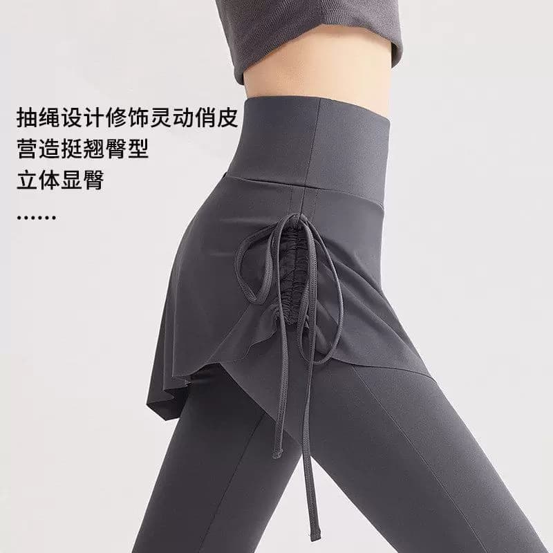 修身喇叭裙裤微喇裤女弹力松弛假两件抽绳高腰提臀瑜伽休闲打底裤 - 缩略图3