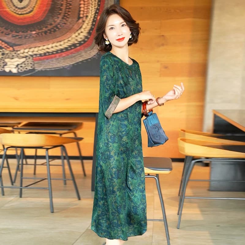 2026夏季新款杭州丝绸非遗香云纱妈妈连衣裙女桑蚕丝真丝大牌裙子 - 缩略图5