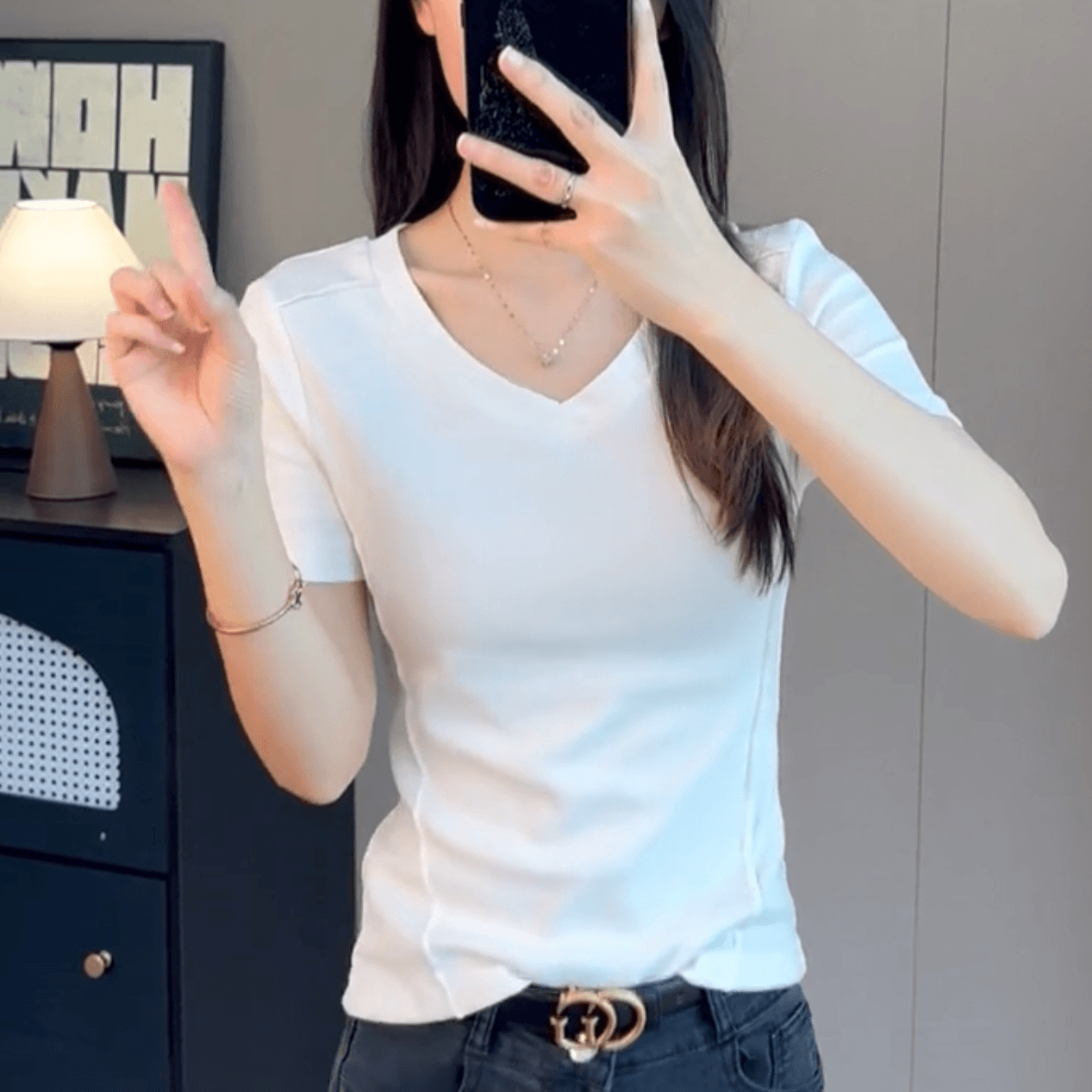 纯棉V领鱼骨正肩短袖t恤女春夏季2026新款修身打底衫内搭显瘦上衣 - 缩略图3