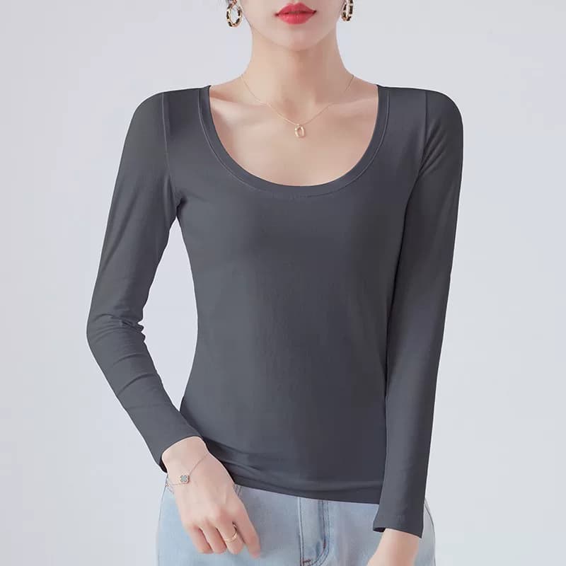 黑色打底衫女长袖秋冬圆领内搭紧身秋衣上衣加绒春季修身纯棉T恤 - 缩略图5