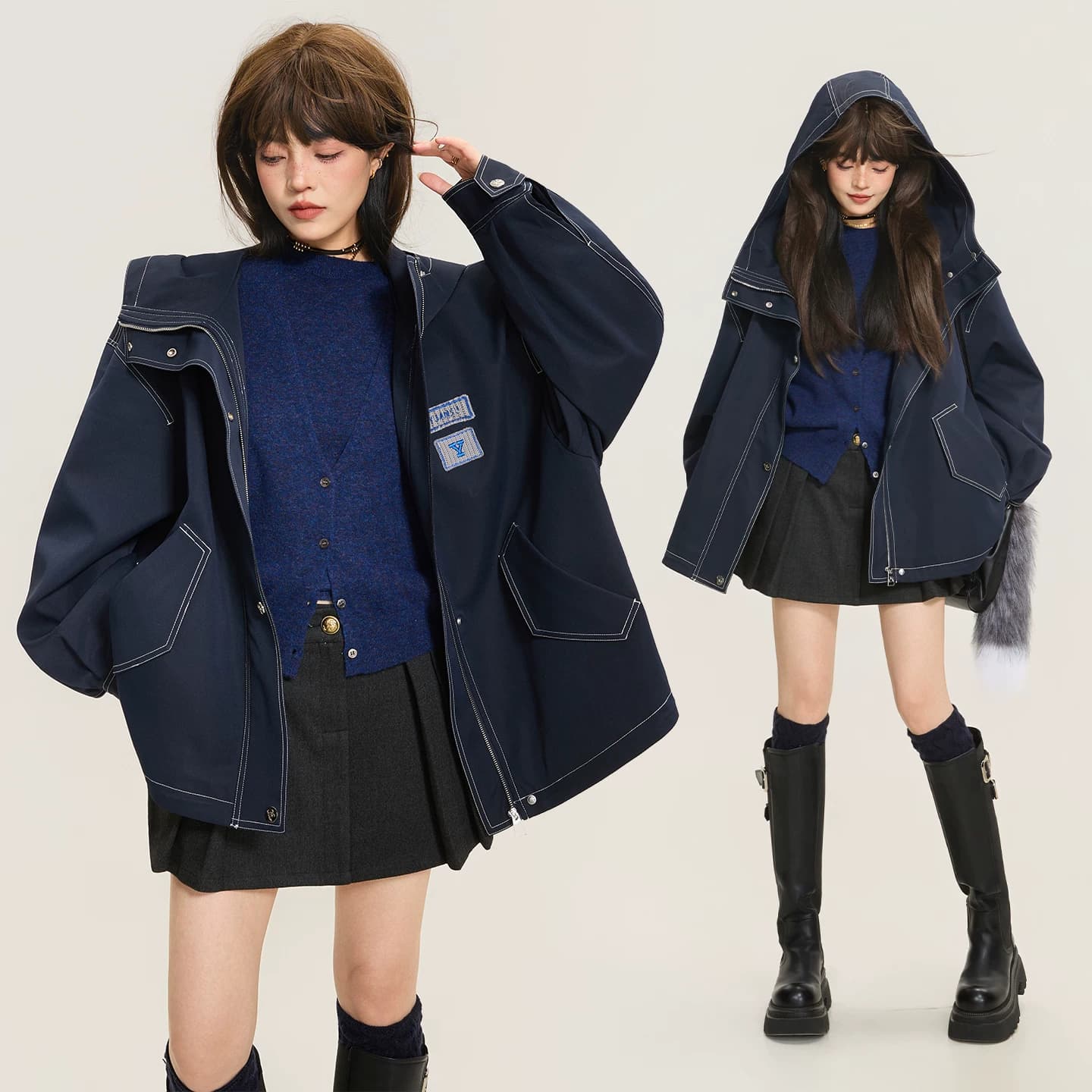 KEIKO 美式工装风廓形风衣外套秋季无性别穿搭缉明线连帽派克服 - 缩略图2