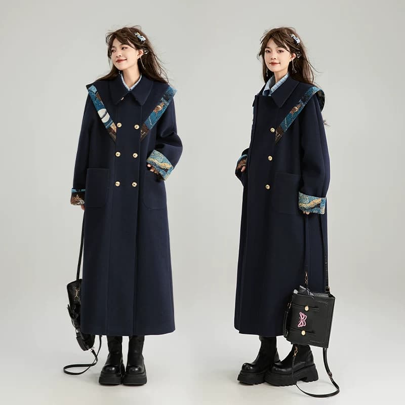 蝴蝶结girl 新中式提花云肩毛呢大衣女秋冬复古长款过膝呢子外套 - 缩略图5