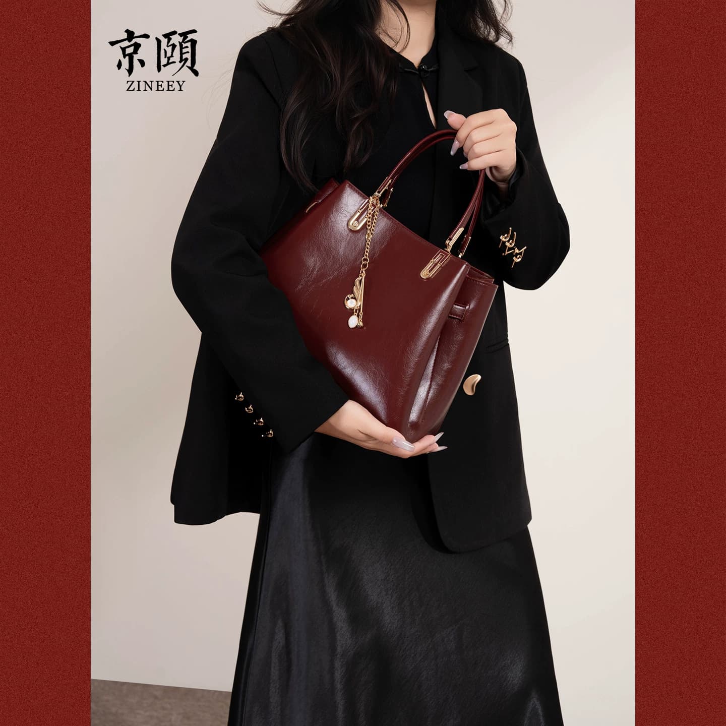 油蜡皮红色手提包喜婆婆婚包大气托特包送母亲礼物单肩斜挎两用包 - 缩略图2