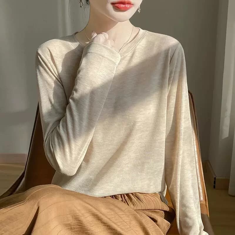 春夏薄精纺莱赛尔天丝短袖t恤女宽松圆领针织毛衣长袖打底衫上衣 - 缩略图2
