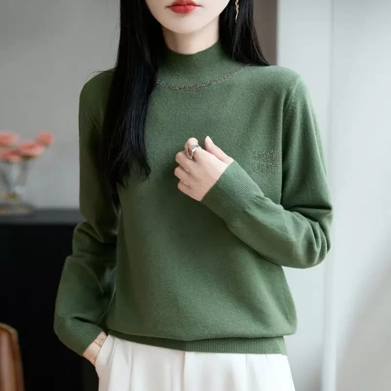 轻奢质感~半高领毛衫女烫钻毛衣内搭2026秋冬洋气长袖针织打底衫 - 缩略图3