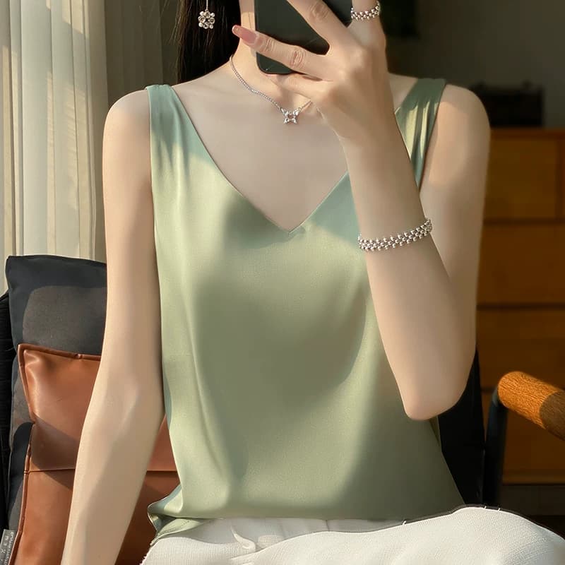 真丝吊带背心女内搭西装夏季纯色打底衫缎面仿桑蚕丝醋酸V领上衣 - 缩略图4