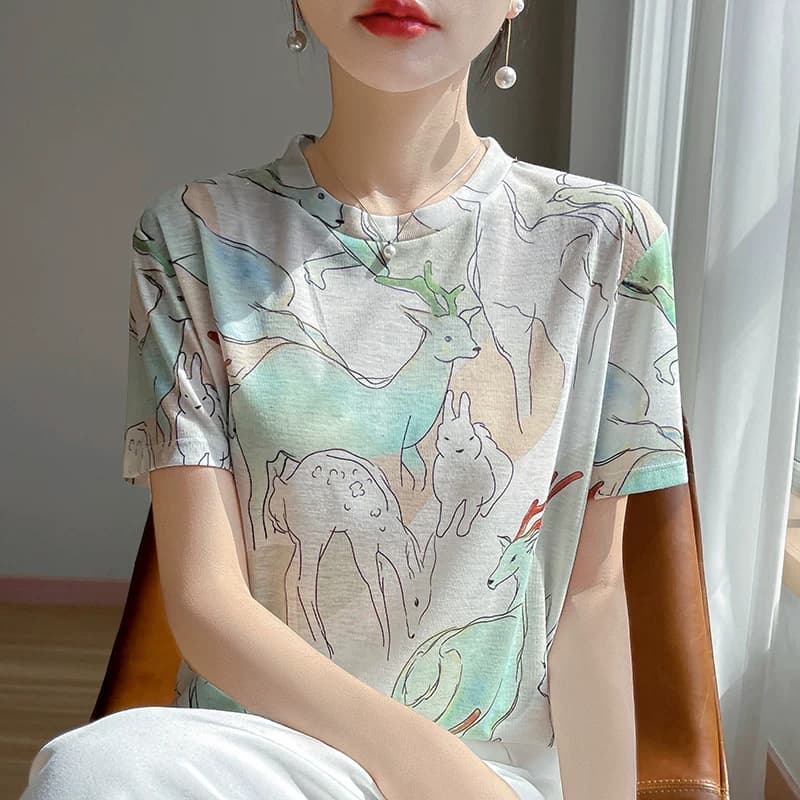 设计感彩色墨画涂鸦短袖T恤女莱赛尔天丝宽松上衣圆领半袖针织衫 - 缩略图2