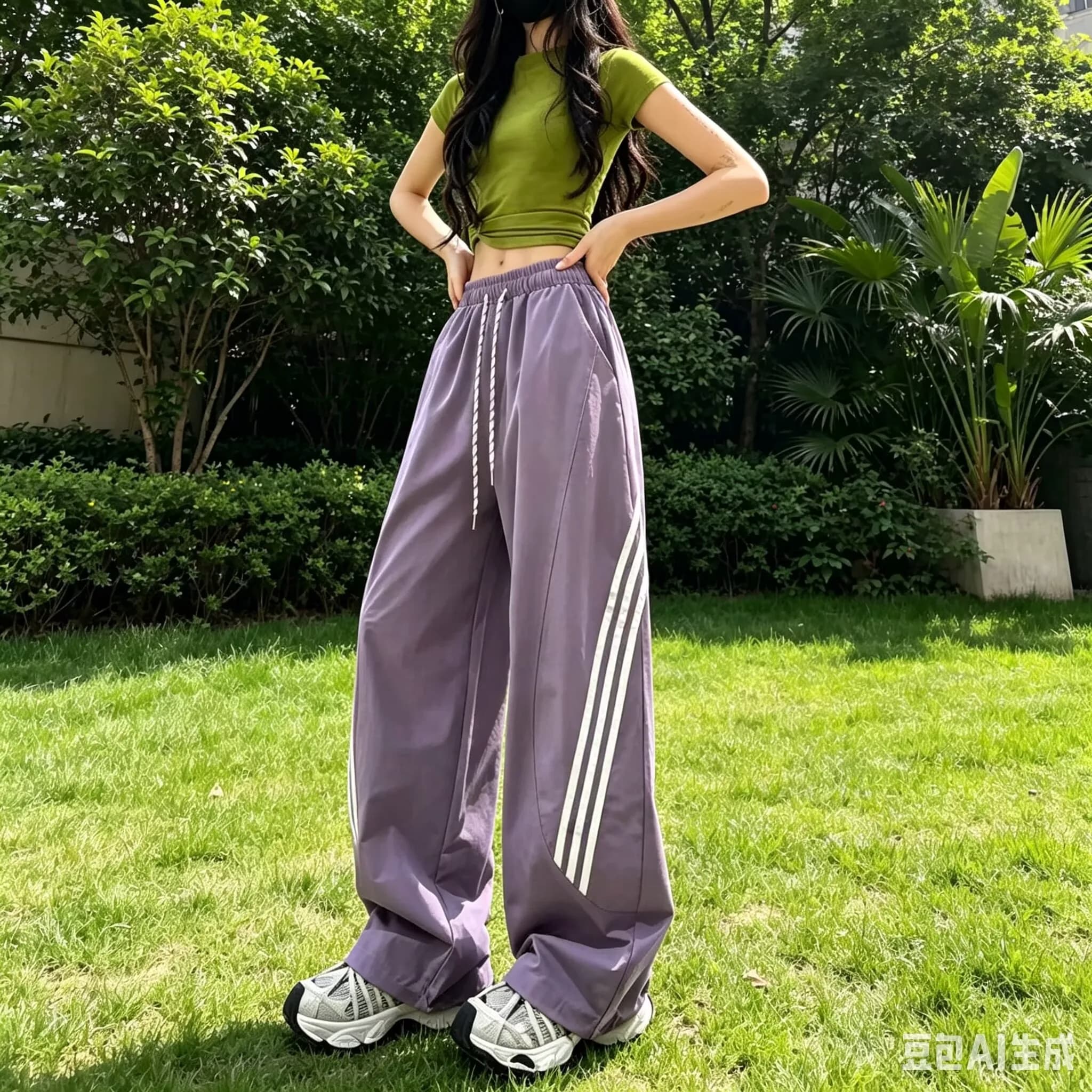 跳舞团队速干冰丝阔腿裤女2026年夏季新款宽松休闲弯刀工装运动裤 - 缩略图2