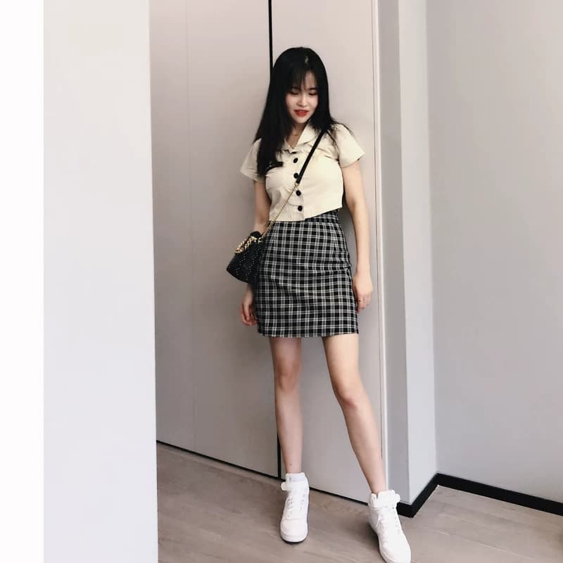 欧美高腰经典黑白格子a字半身裙防走光修身显瘦包臀裙短裙一步裙 - 缩略图2