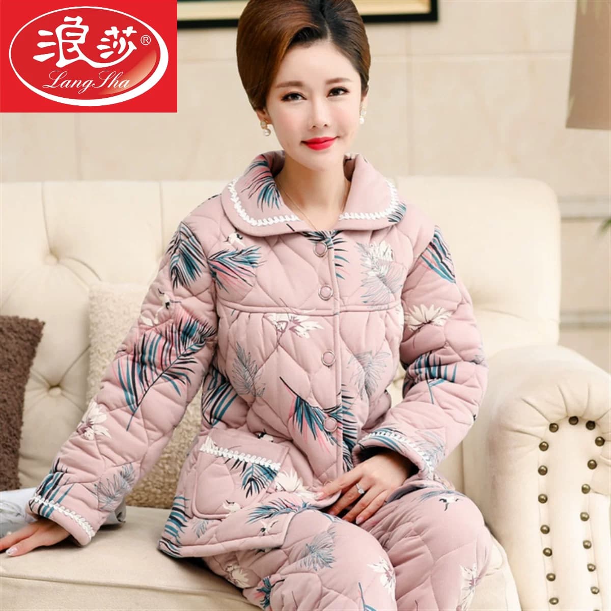冬季中老年人妈妈睡衣女纯棉加厚三层夹棉袄秋冬加棉保暖全棉套装 - 缩略图4