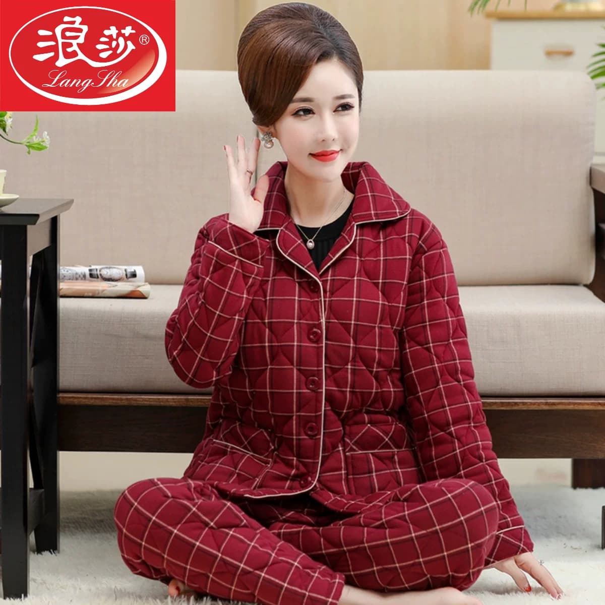 冬季中老年人妈妈睡衣女纯棉加厚三层夹棉袄秋冬加棉保暖全棉套装 - 缩略图2