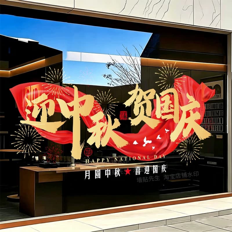 中秋国庆双节氛围布置玻璃门贴纸迎中秋贺国庆烟花商场店铺静电贴 - 缩略图2