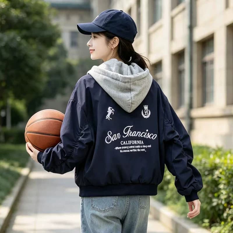 秋冬季实拍美式假两件连帽拼接落肩宽松字母绣花罗纹袖口外套女装 - 缩略图4