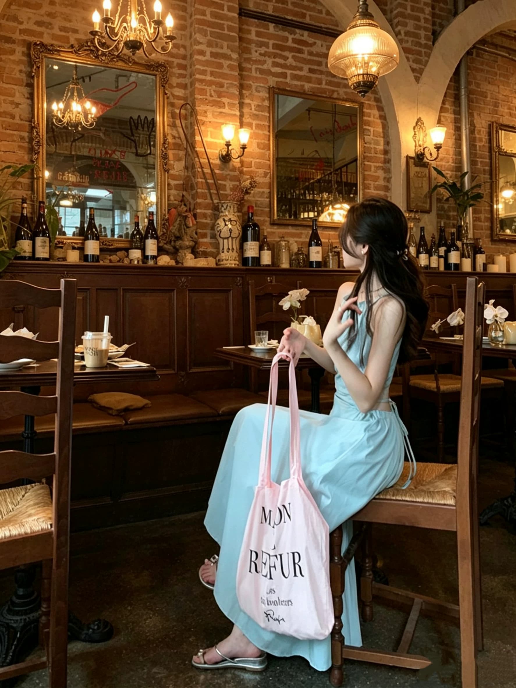 法式复古一片式挂脖连衣裙女2026夏季新款显瘦白月光露背蓝色裙子 - 缩略图2