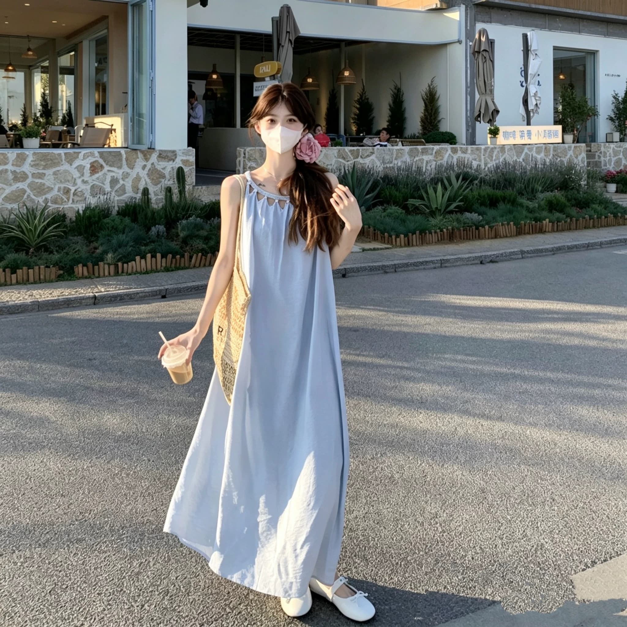 白色宽松裙子女2026新款海边度假法式挂脖连衣裙无袖收腰吊带长裙 - 缩略图2