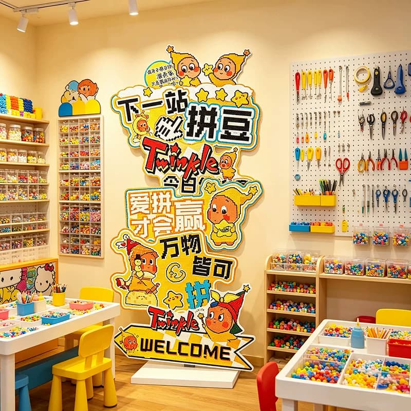 网红拼豆店墙面装饰贴挂画手作工元素体验馆背景布置广告海报站牌 - 缩略图4
