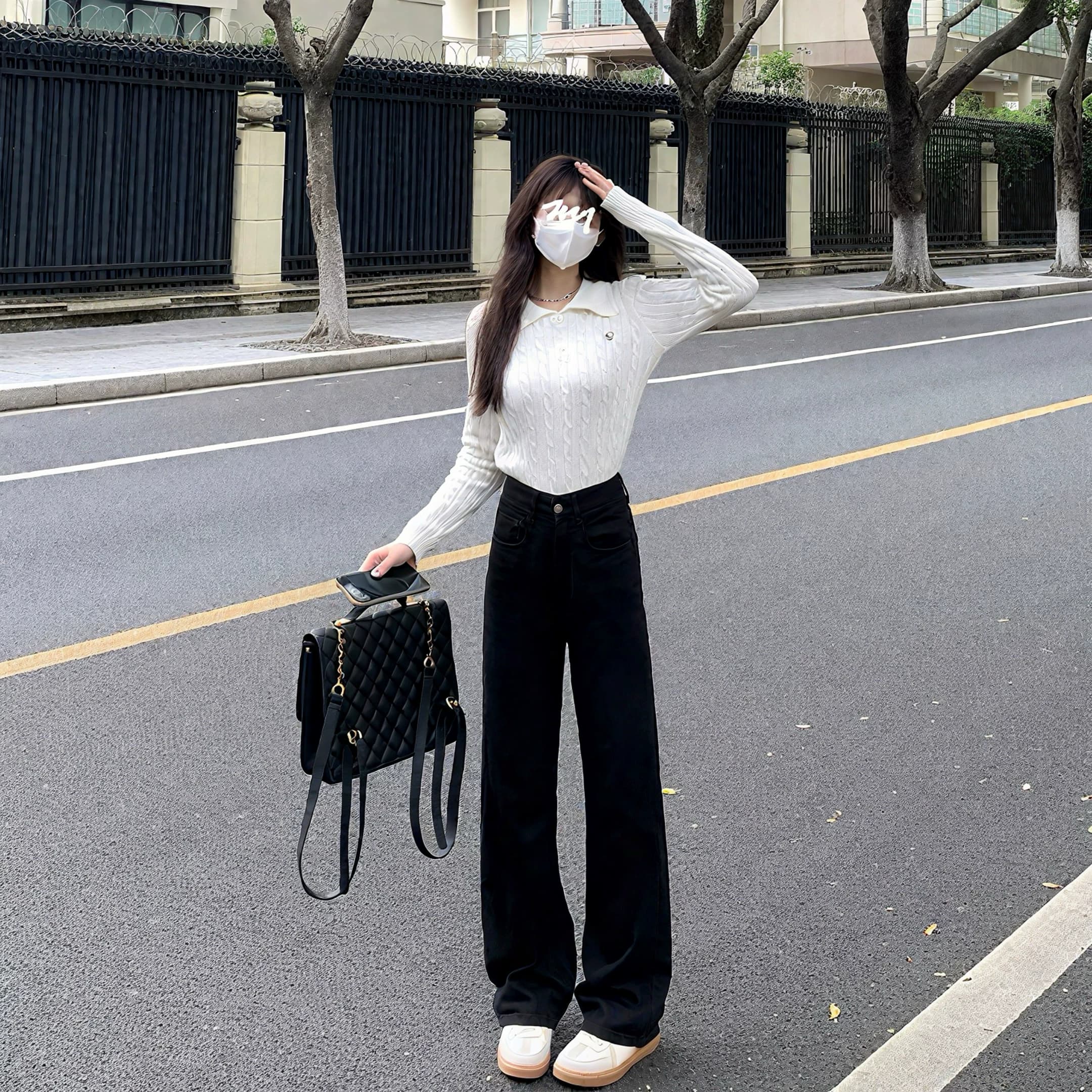 艾恩晟 牛仔裤黑色窄版阔腿裤女 高腰显瘦基础款宽松遮肉 - 缩略图2